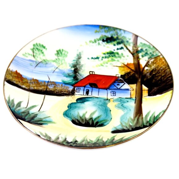Signed Japanese Scenic Saucer Hand-Painted Landscape 1920s-40s Porcelain - Picture 2 of 5